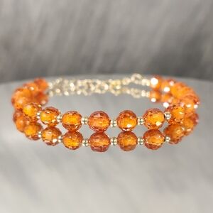 Genuine 1/20 14K Gold Beaded Bracelet With Faceted Orange Cubic Zirconias